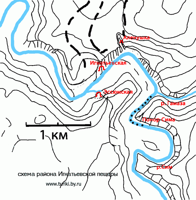 Расположение пещер Эссюмская, Игнатьевская, Аленушка карта схема района. Река Сим
