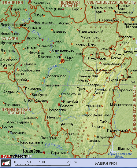 Географическая карта Башкортостана